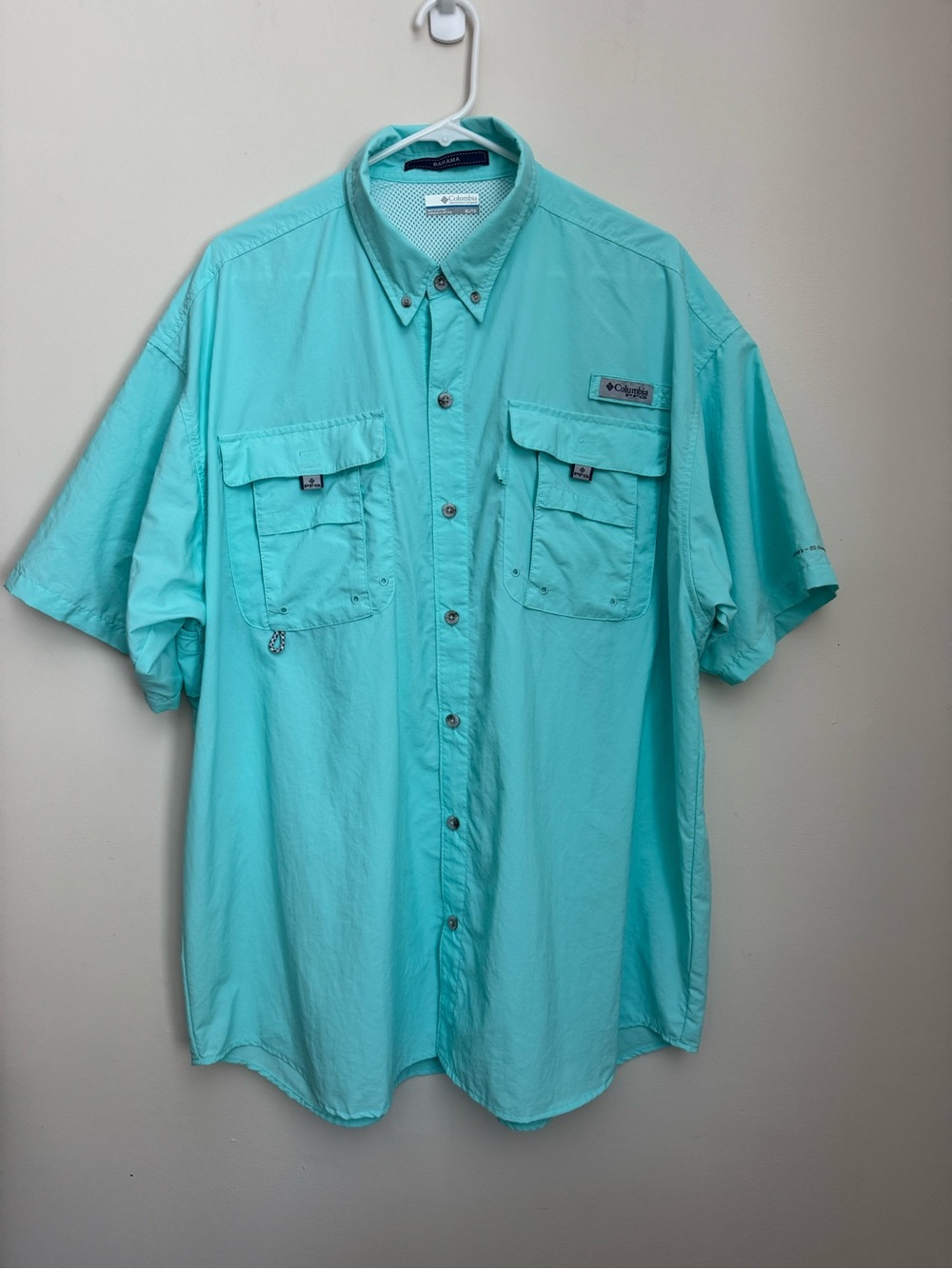 Columbia PFG Bahama Fishing Shirt Men XL Aqua Blue Short Sleeve Vented
